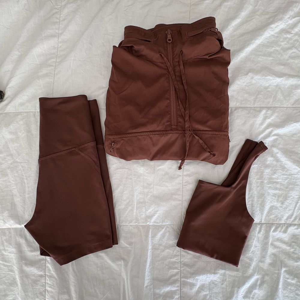 Girlfriend Collective brown shorts, bra, windbreaker Set